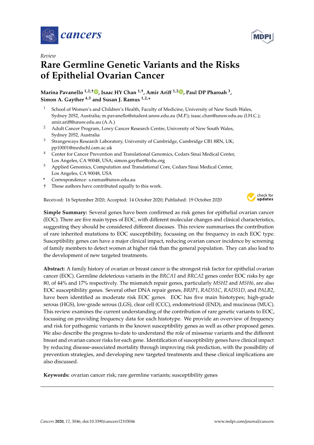 Rare Germline Genetic Variants and the Risks of Epithelial Ovarian Cancer