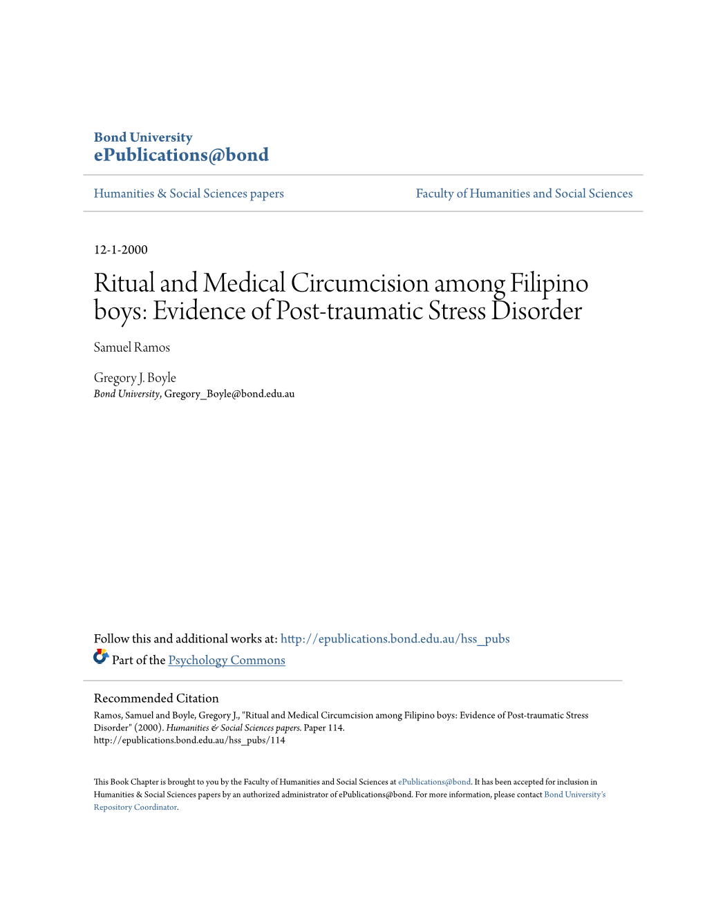 Ritual and Medical Circumcision Among Filipino Boys: Evidence of Post-Traumatic Stress Disorder Samuel Ramos