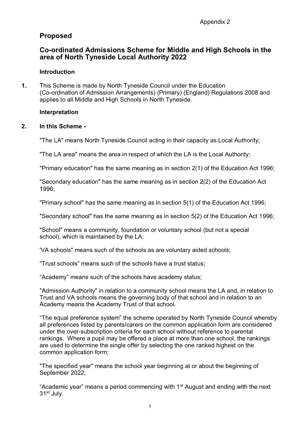 Appendix 2 Proposed Co-Ordinated Admission Scheme Secondary 2022