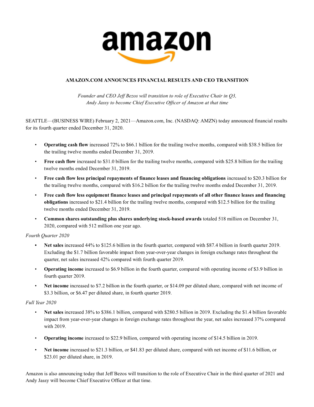 Amazon.Com Announces Financial Results and Ceo Transition