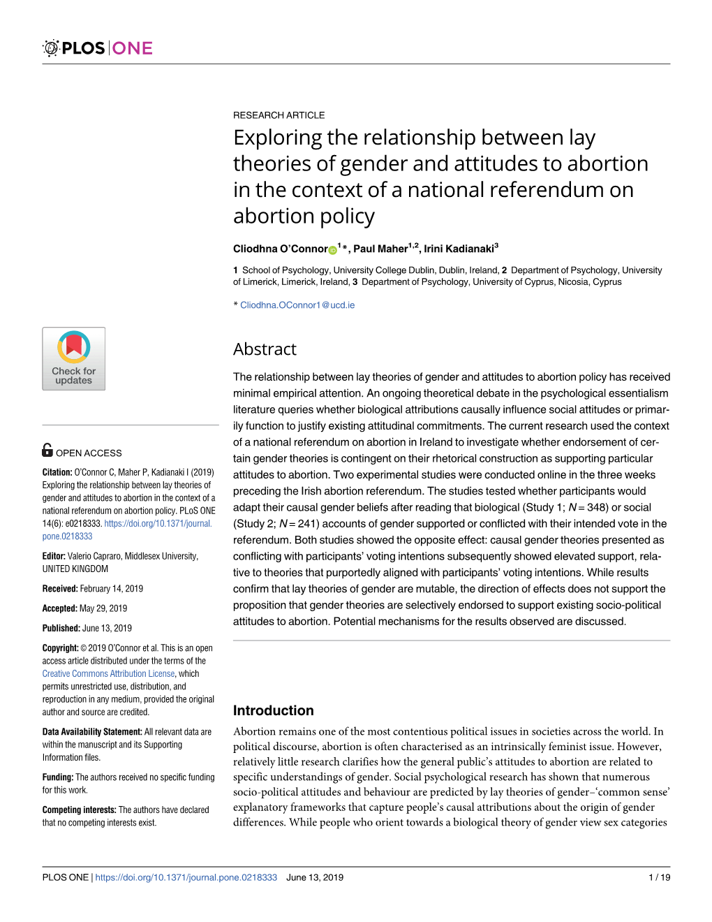 Exploring the Relationship Between Lay Theories of Gender and Attitudes to Abortion in the Context of a National Referendum on Abortion Policy