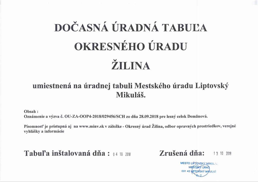 Dočasná Úradná Tabuľa Okresného Úradu Žilina