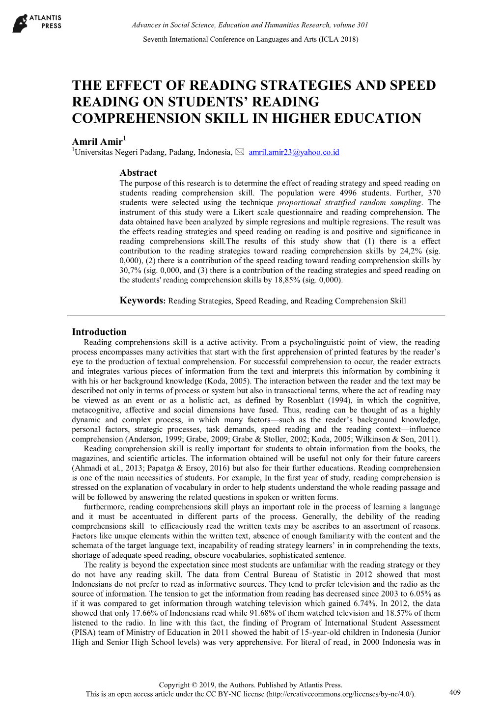 The Effect of Reading Strategies and Speed Reading on Students’ Reading Comprehension Skill in Higher Education