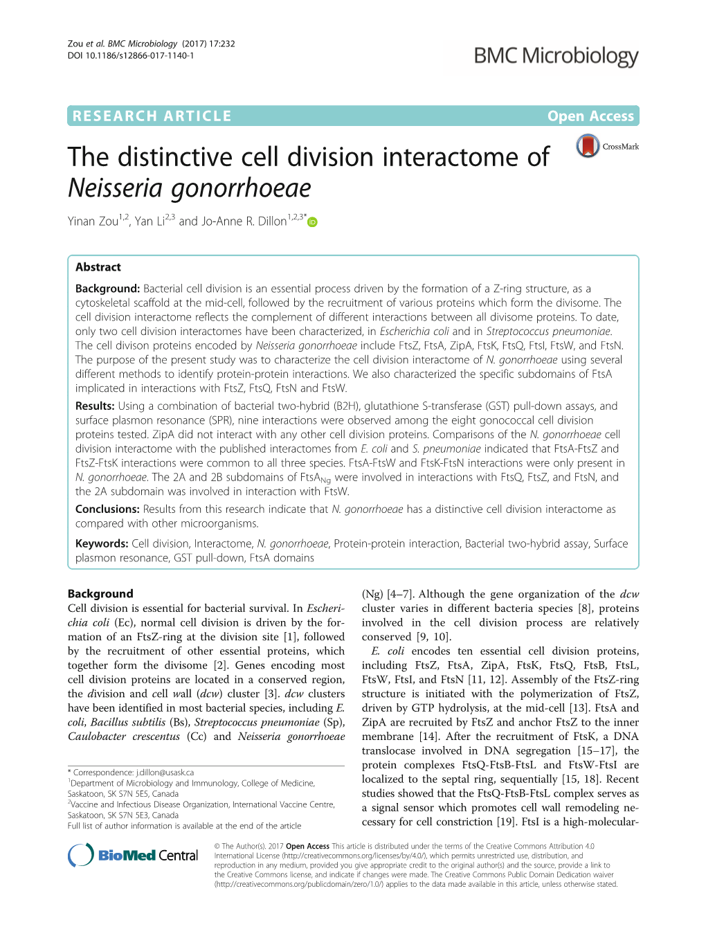 The Distinctive Cell Division Interactome of Neisseria Gonorrhoeae Yinan Zou1,2, Yan Li2,3 and Jo-Anne R