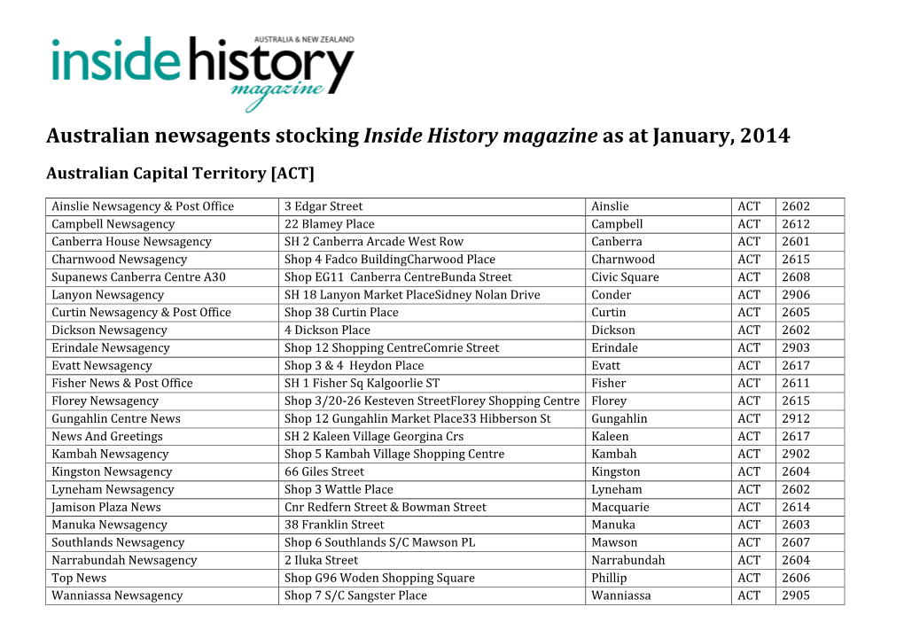 Stockists of Inside History As at January 2014