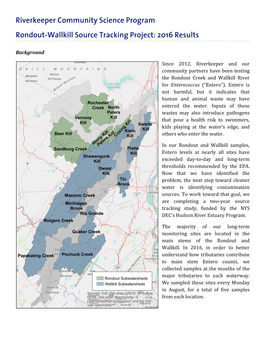 Riverkeeper Community Science Program Rondout-Wallkill Source Tracking Project: 2016 Results