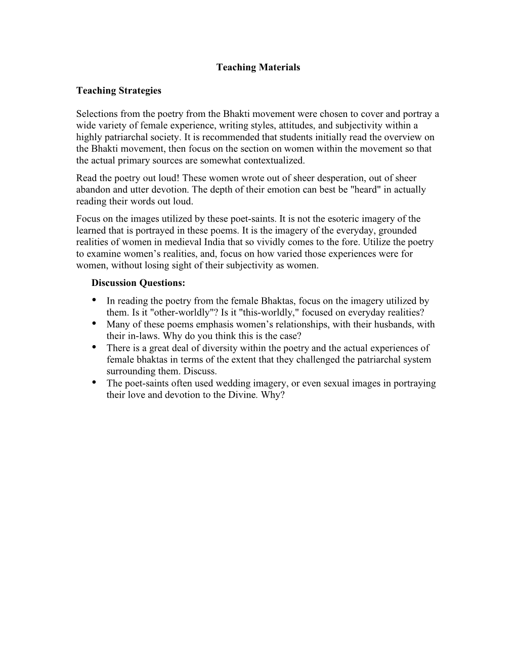 Teaching Materials Teaching Strategies Selections from The