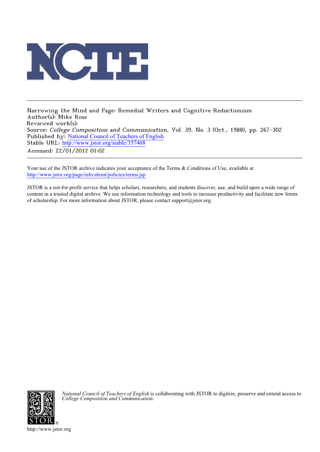 Remedial Writers and Cognitive Reductionism Author(S): Mike Rose Reviewed Work(S): Source: College Composition and Communication, Vol