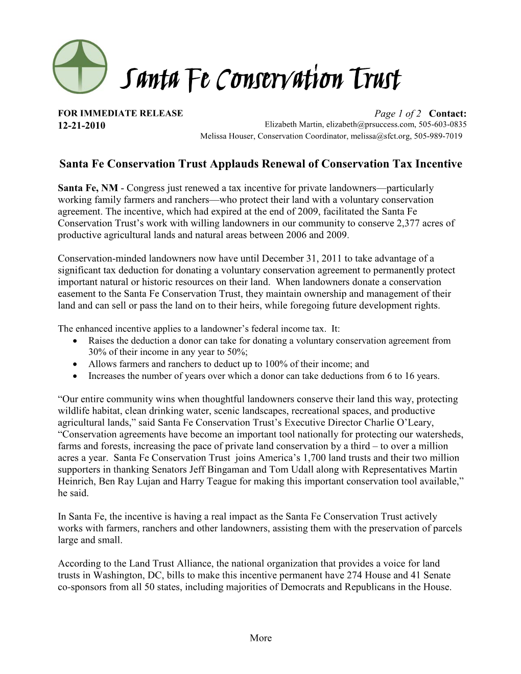 Santa Fe Conservation Trust Applauds Renewal of Conservation Tax Incentive