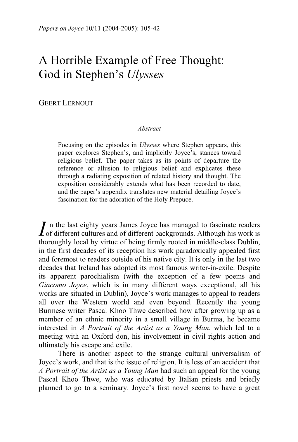 A Horrible Example of Free Thought: God in Stephen's Ulysses