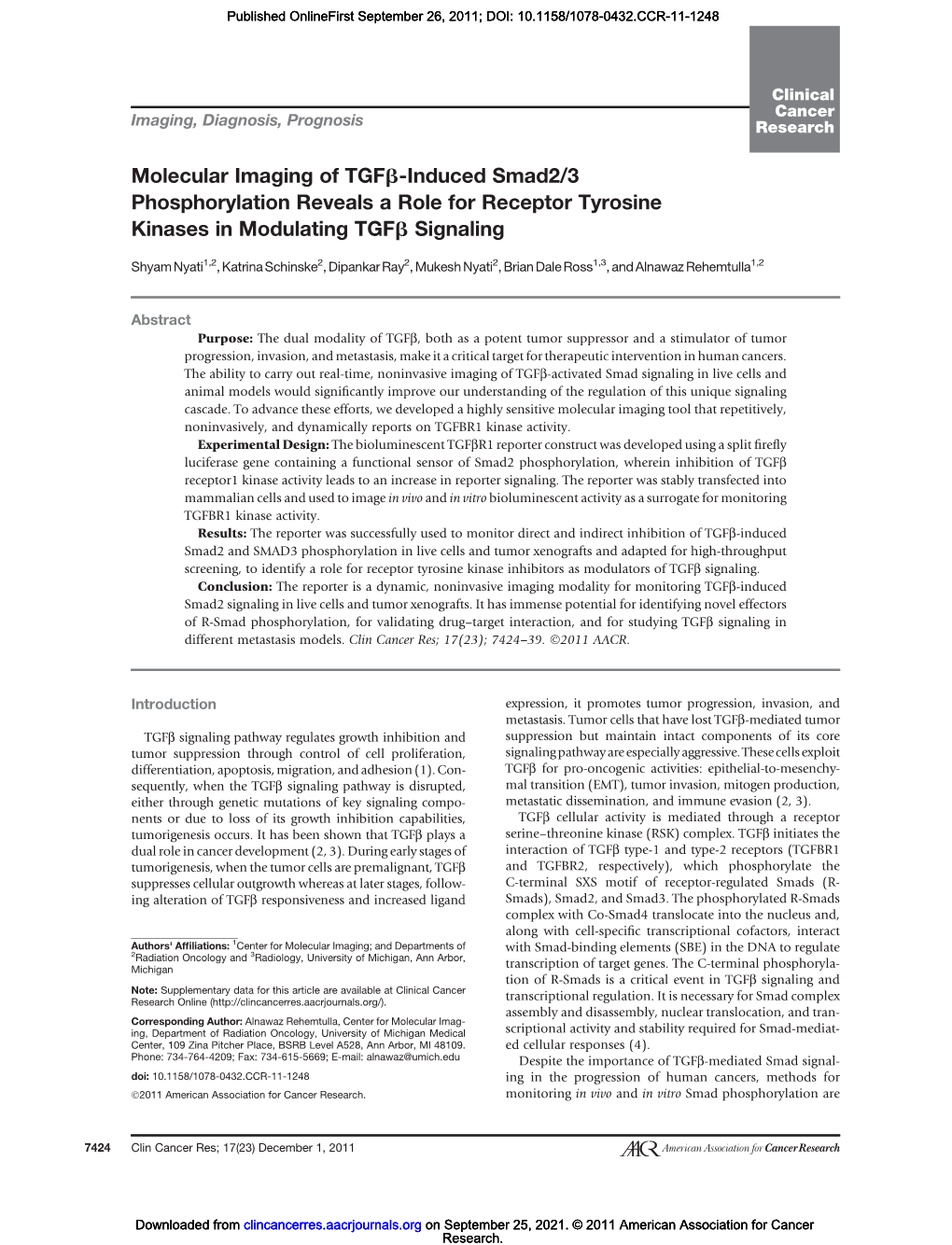 Molecular Imaging of Tgfb-Induced Smad2/3 Phosphorylation Reveals a Role for Receptor Tyrosine Kinases in Modulating Tgfb Signaling