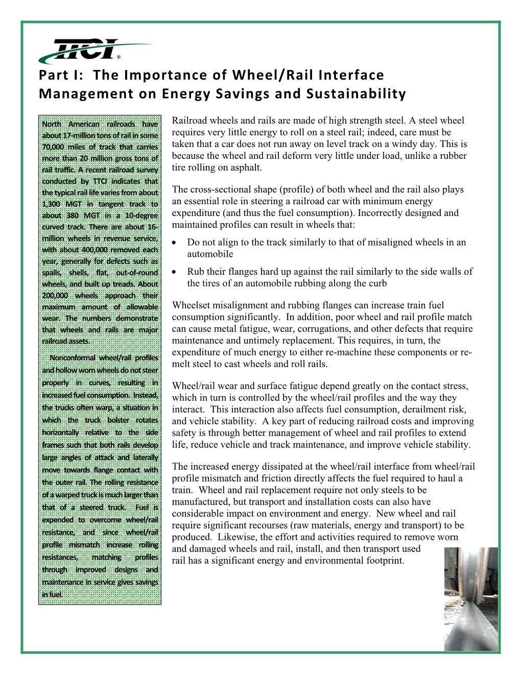 Part I: the Importance of Wheel/Rail Interface Management on Energy Savings and Sustainability