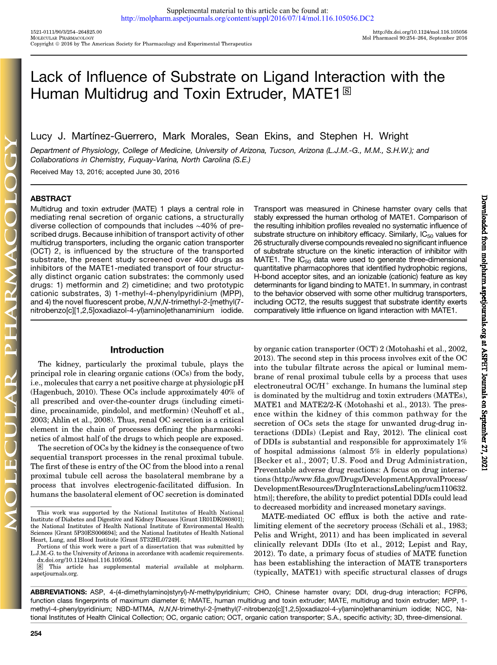 Lack of Influence of Substrate on Ligand Interaction with the Human Multidrug and Toxin Extruder, MATE1 S