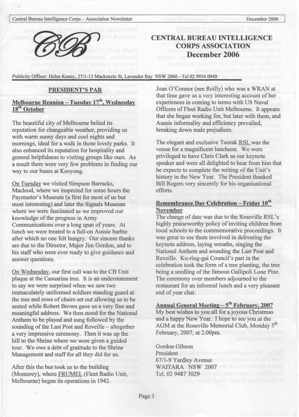 CENTRAL BUREAU INTELLIGENCE CORPS ASSOCIATION December 2006