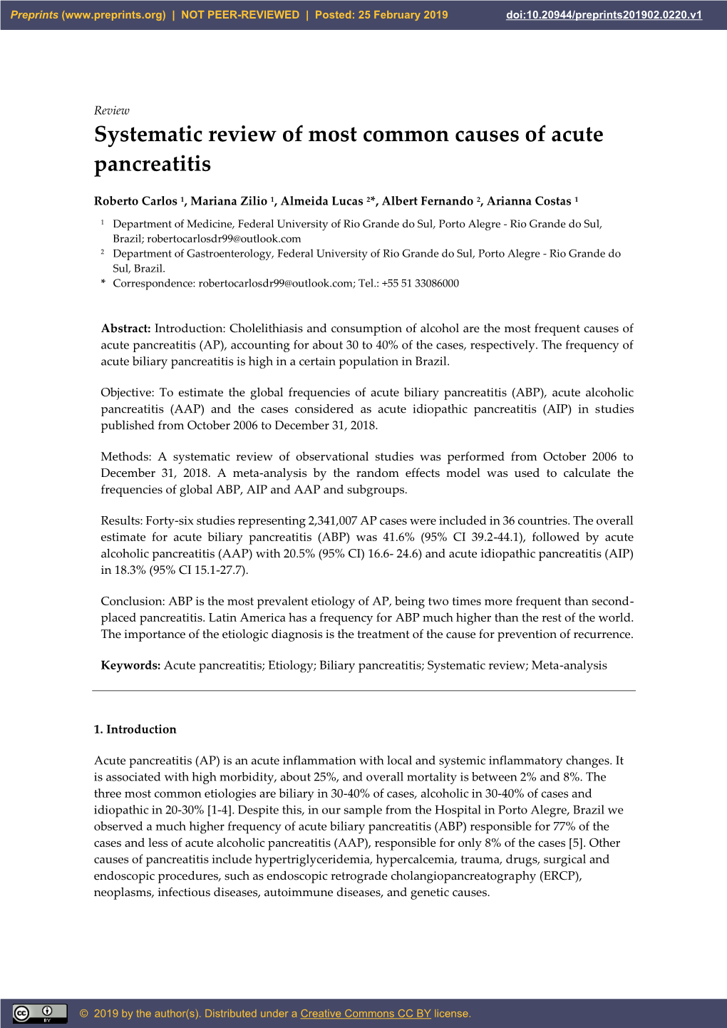 Systematic Review of Most Common Causes of Acute Pancreatitis