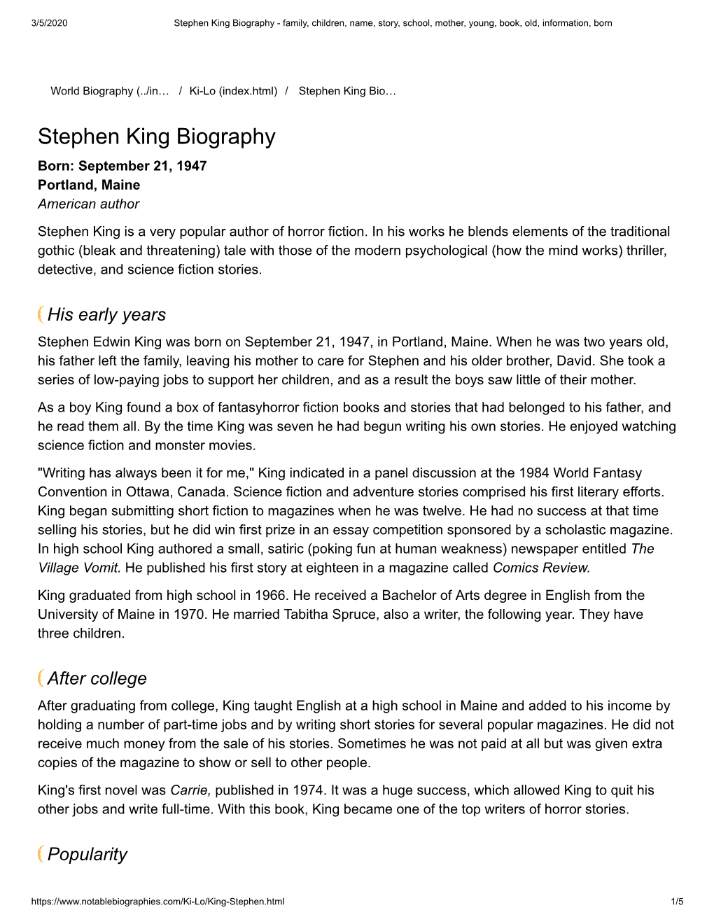 Stephen King Biography - Family, Children, Name, Story, School, Mother, Young, Book, Old, Information, Born