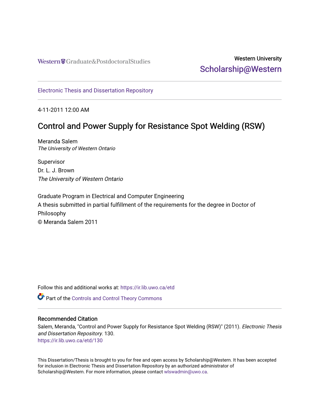 Control and Power Supply for Resistance Spot Welding (RSW)