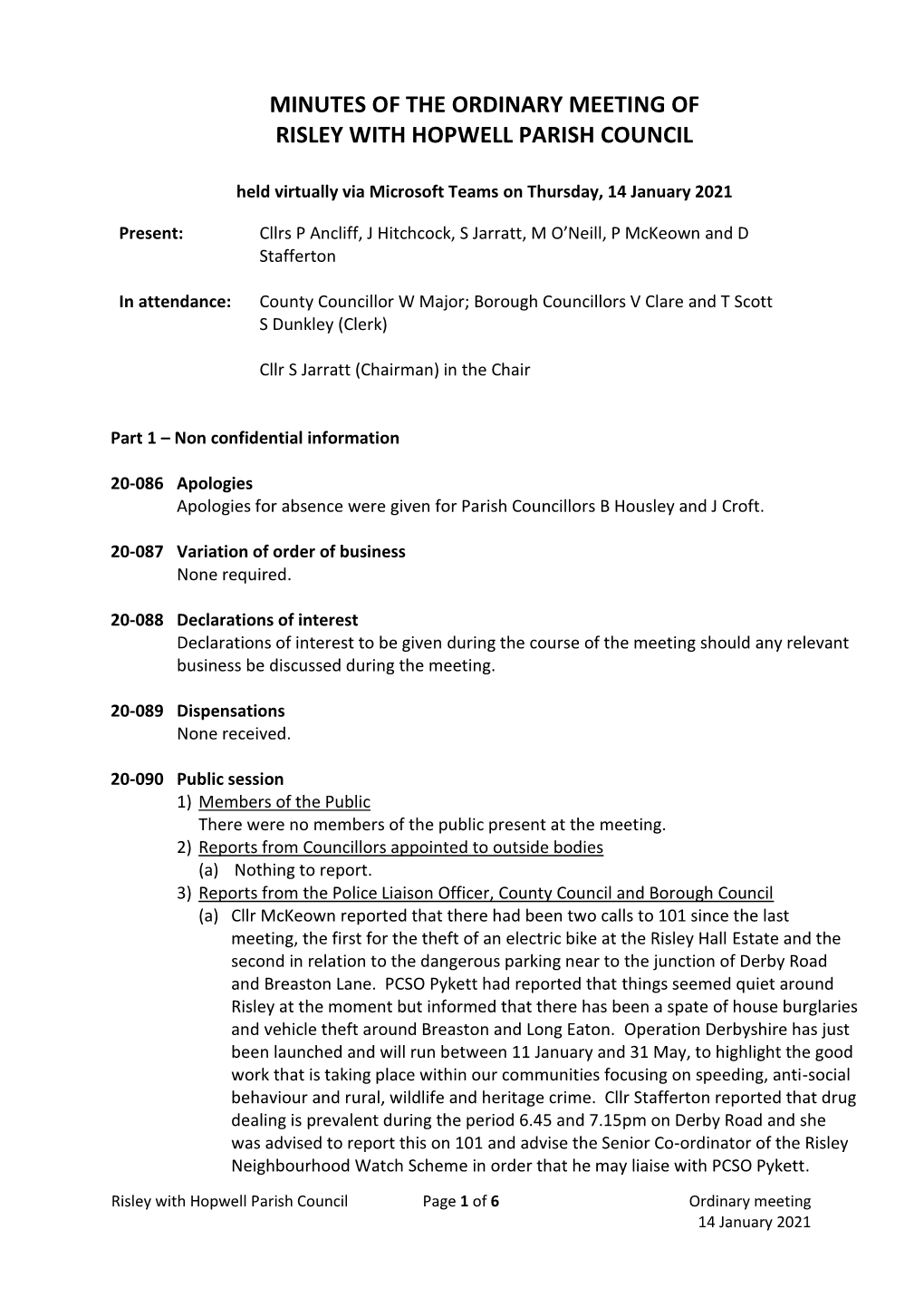 Minutes of the Ordinary Meeting of Risley with Hopwell Parish Council