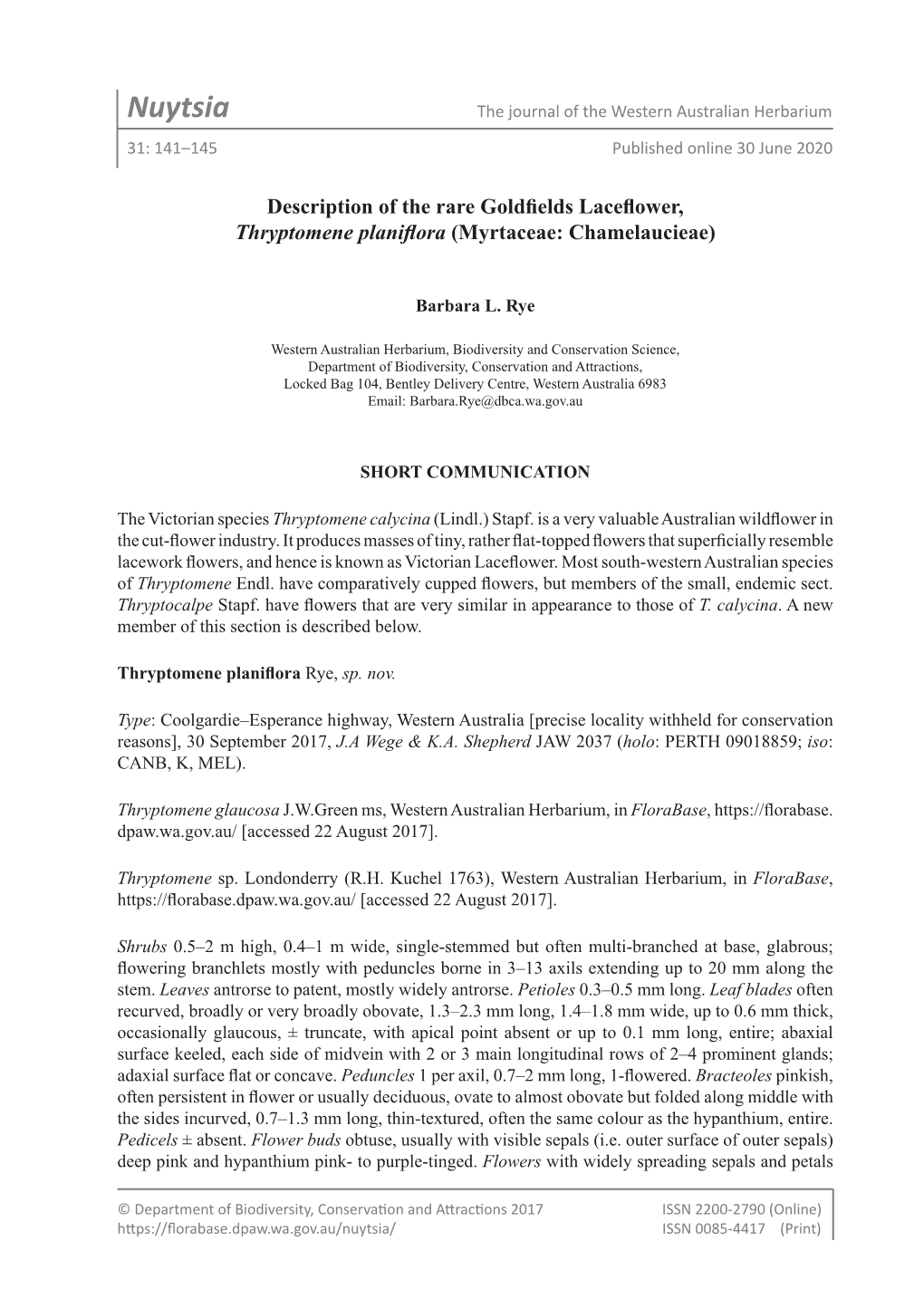 Nuytsia the Journal of the Western Australian Herbarium 31: 141–145 Published Online 30 June 2020