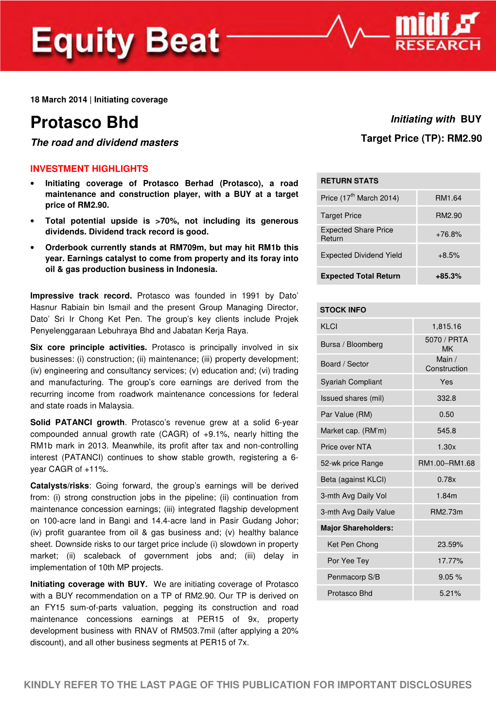 Protasco Bhd Initiating with BUY the Road and Dividend Masters Target Price (TP): RM2.90