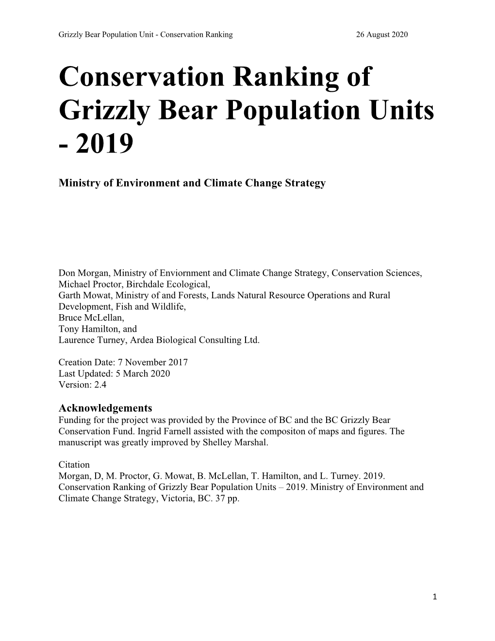 Conservation Ranking of Grizzly Bear Population Units - 2019