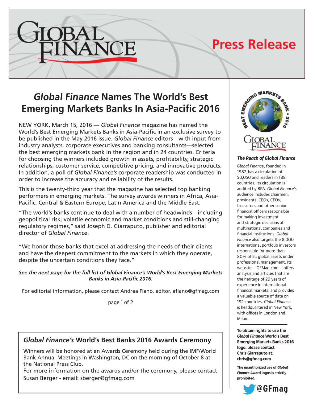 Global Finance Names the World's Best Emerging Markets Banks in Asia-Pacific 2016