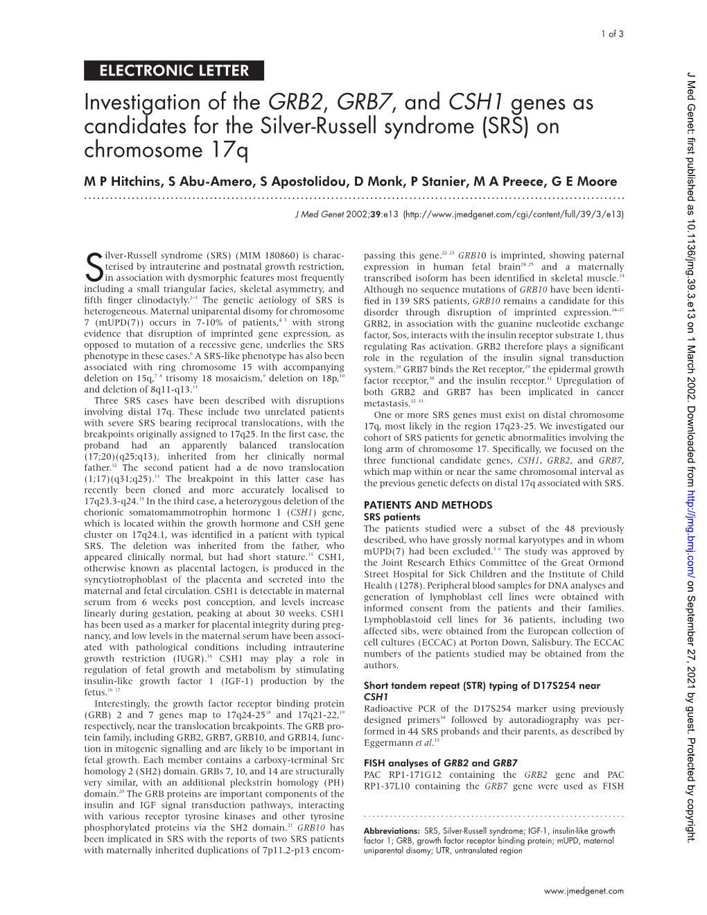 (SRS) on Chromosome 17Q M P Hitchins, S Abu-Amero, S Apostolidou, D Monk, P Stanier, M a Preece, G E Moore