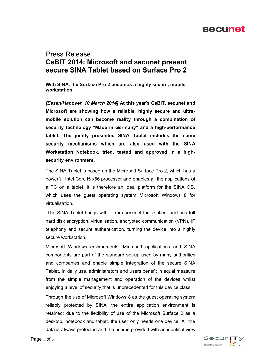 Cebit 2014: Microsoft and Secunet Present Secure SINA Tablet Based on Surface Pro 2