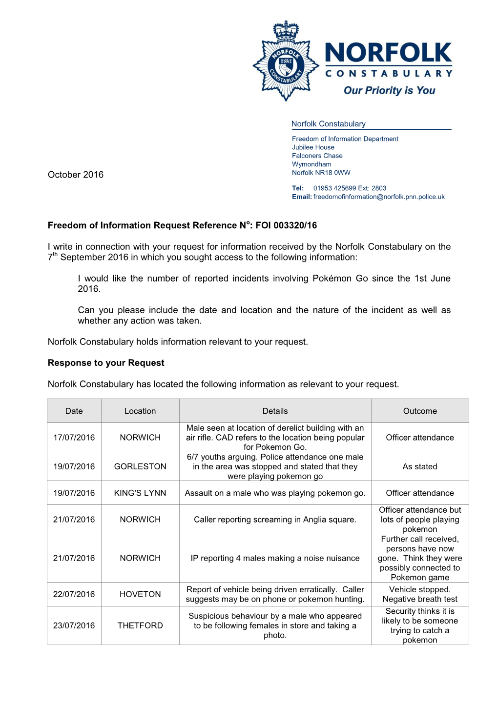 October 2016 Freedom of Information Request Reference No