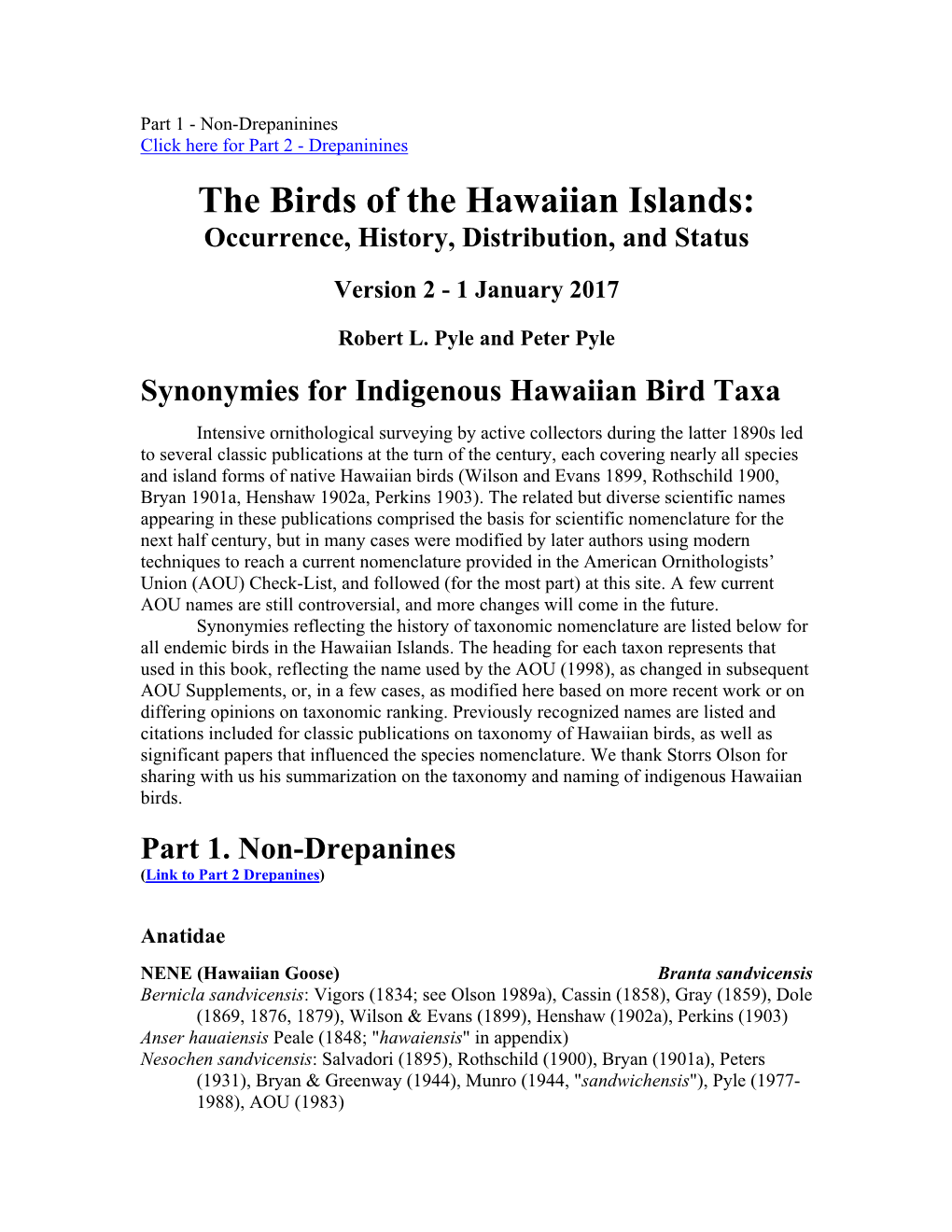 Synonymies for Indigenous Hawaiian Bird Taxa