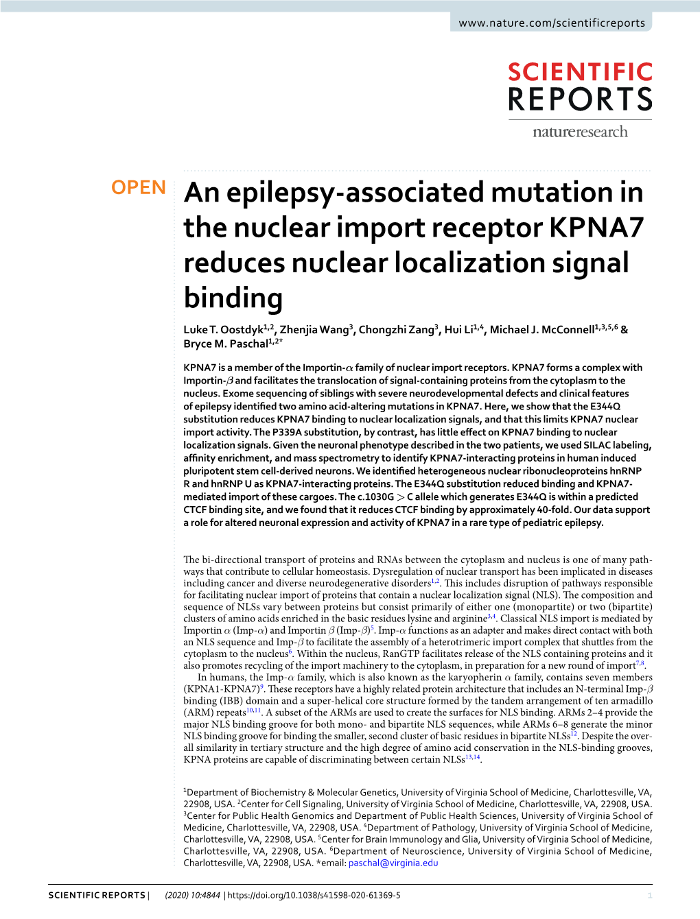 An Epilepsy-Associated Mutation in the Nuclear Import Receptor KPNA7 Reduces Nuclear Localization Signal Binding Luke T