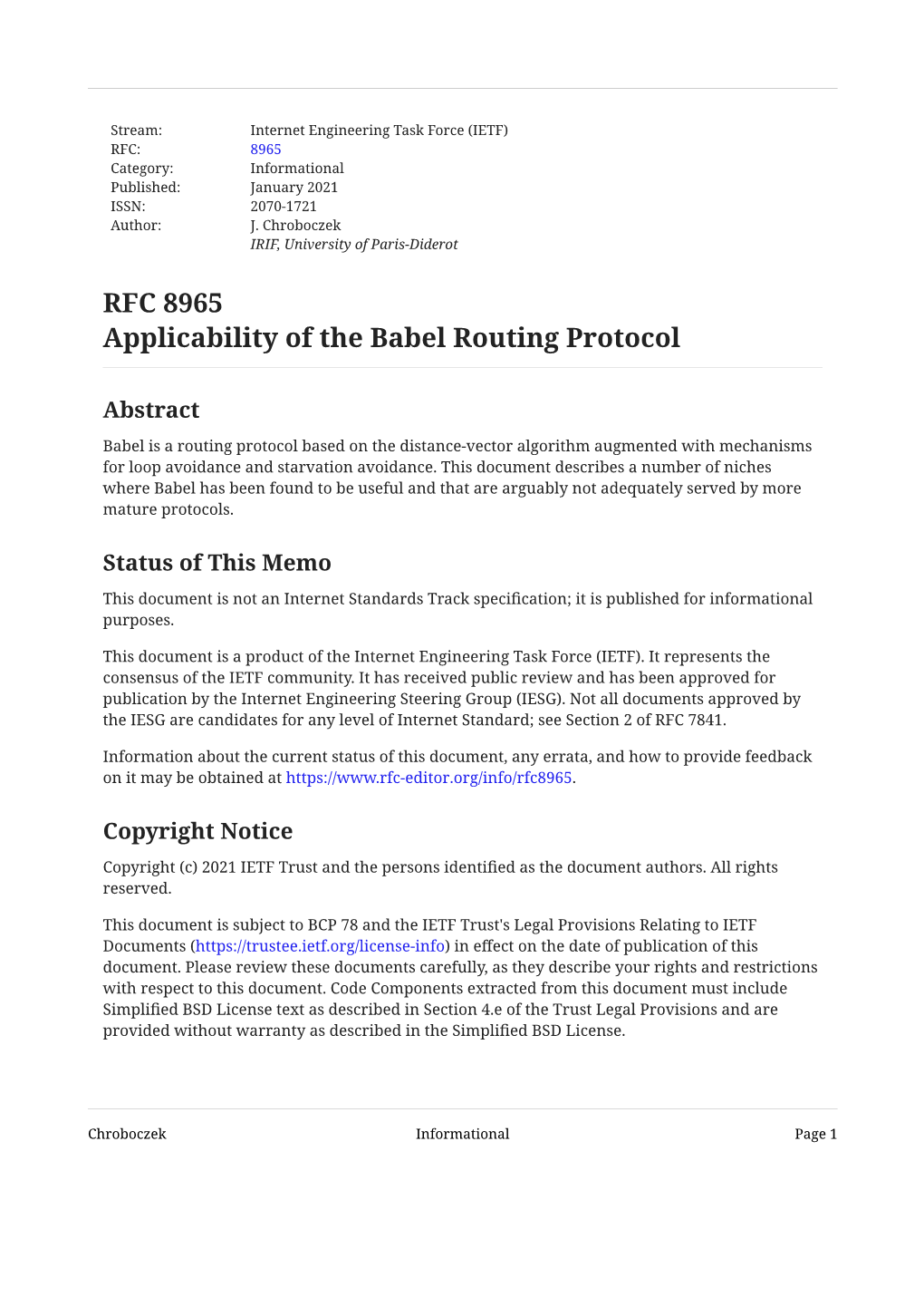 Applicability of the Babel Routing Protocol