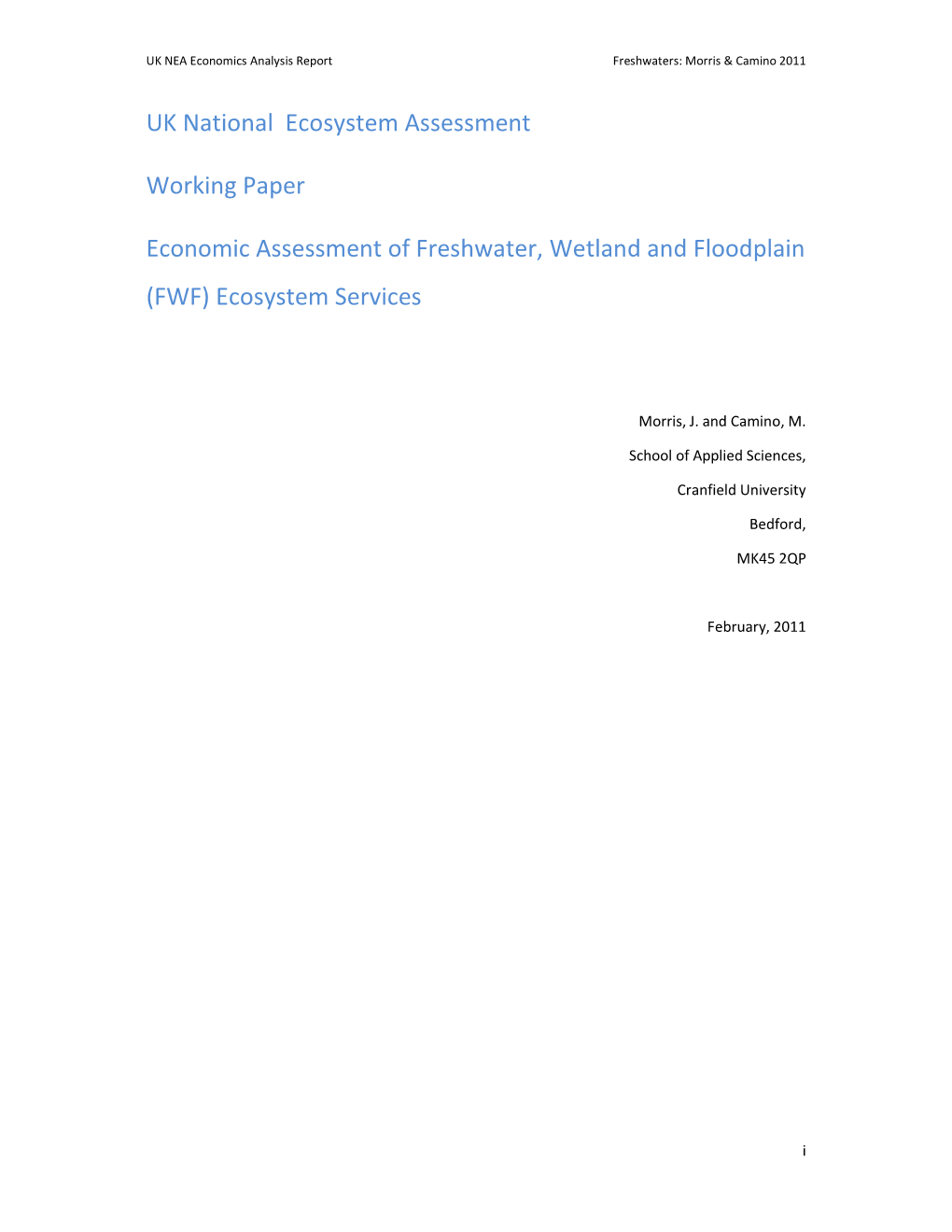 UK National Ecosystem Assessment Working Paper Economic Assessment of Freshwater, Wetland and Floodplain (FWF) Ecosystem Servi