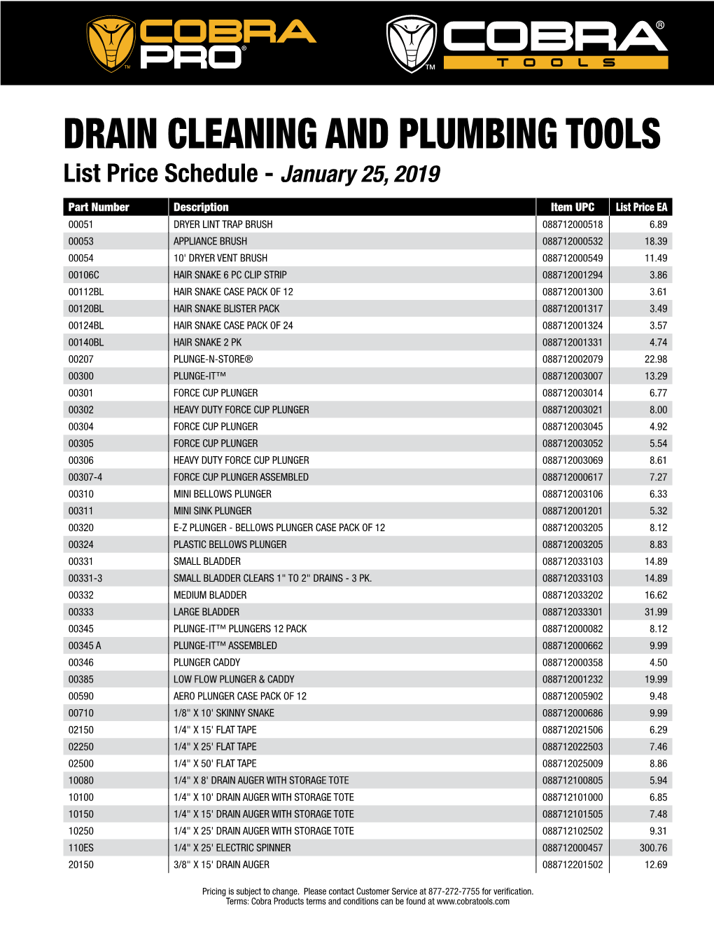 DRAIN CLEANING and PLUMBING TOOLS List Price Schedule - January 25, 2019