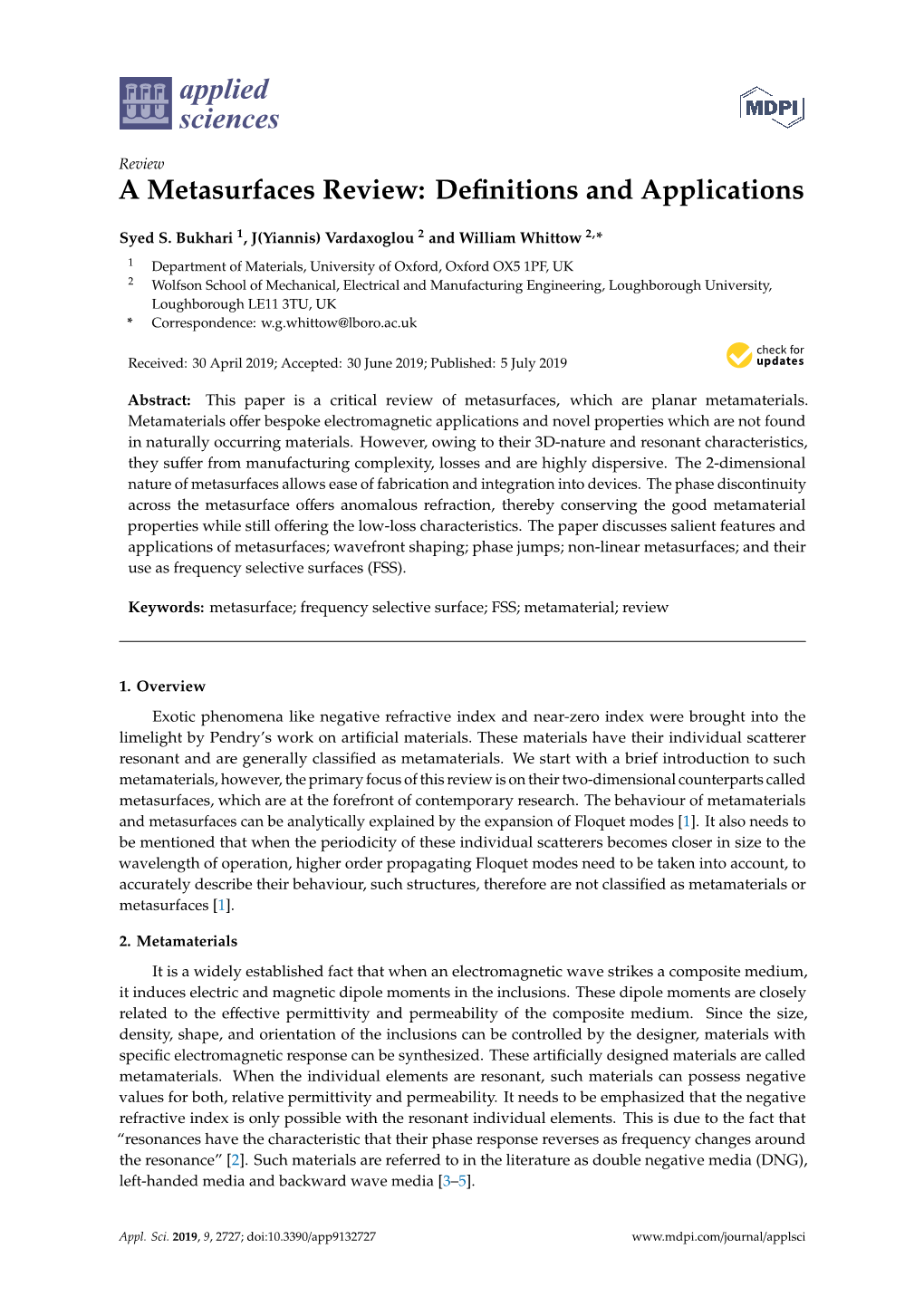 A Metasurfaces Review: Deﬁnitions and Applications