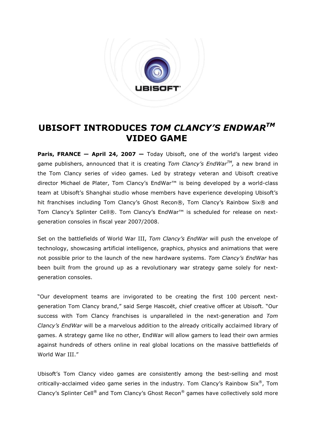 Ubisoft Introduces Tom Clancy's Endwar Video Game