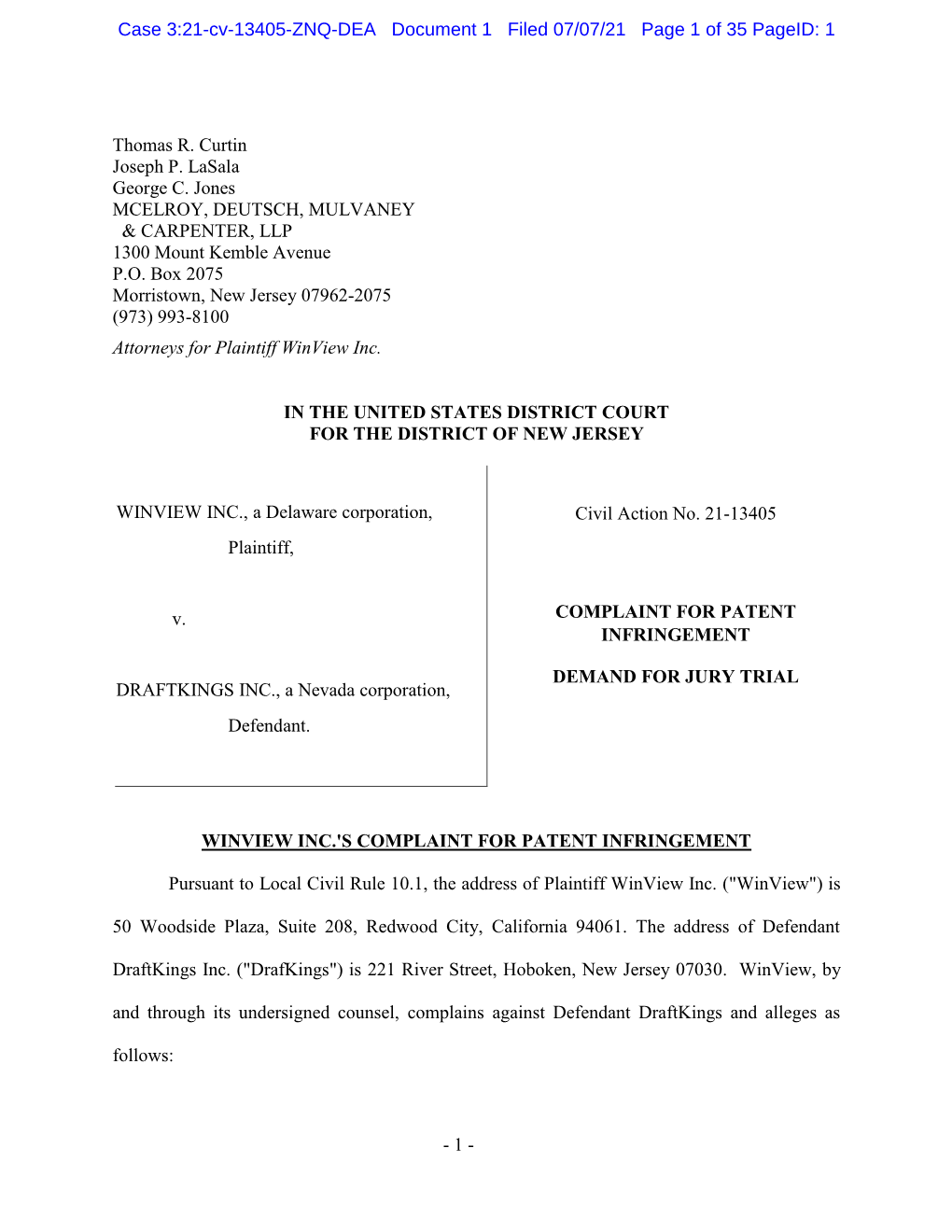 Case 3:21-Cv-13405-ZNQ-DEA Document 1 Filed 07/07/21 Page 1 of 35 Pageid: 1