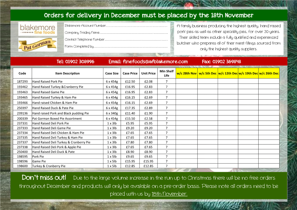 Orders for Delivery in December Must Be Placed by the 18Th November 18Th Byplaced the Be Must December in Delivery for Orders