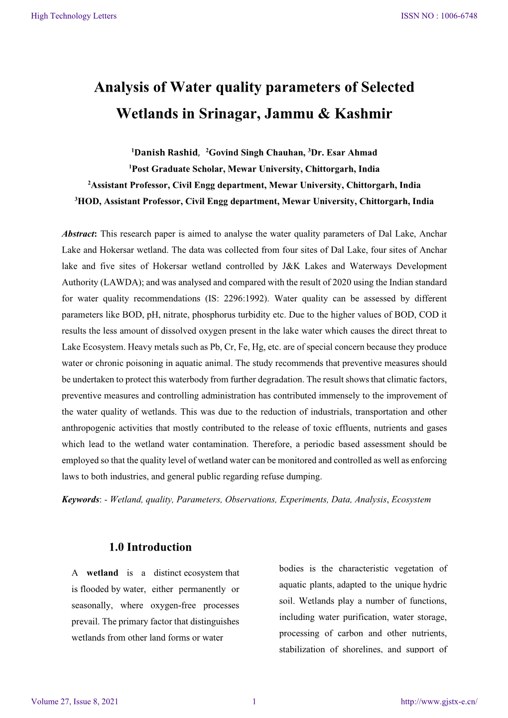 Analysis of Water Quality Parameters of Selected Wetlands in Srinagar, J&K