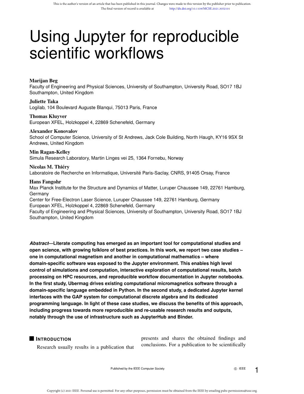 Using Jupyter for Reproducible Scientific Workflows