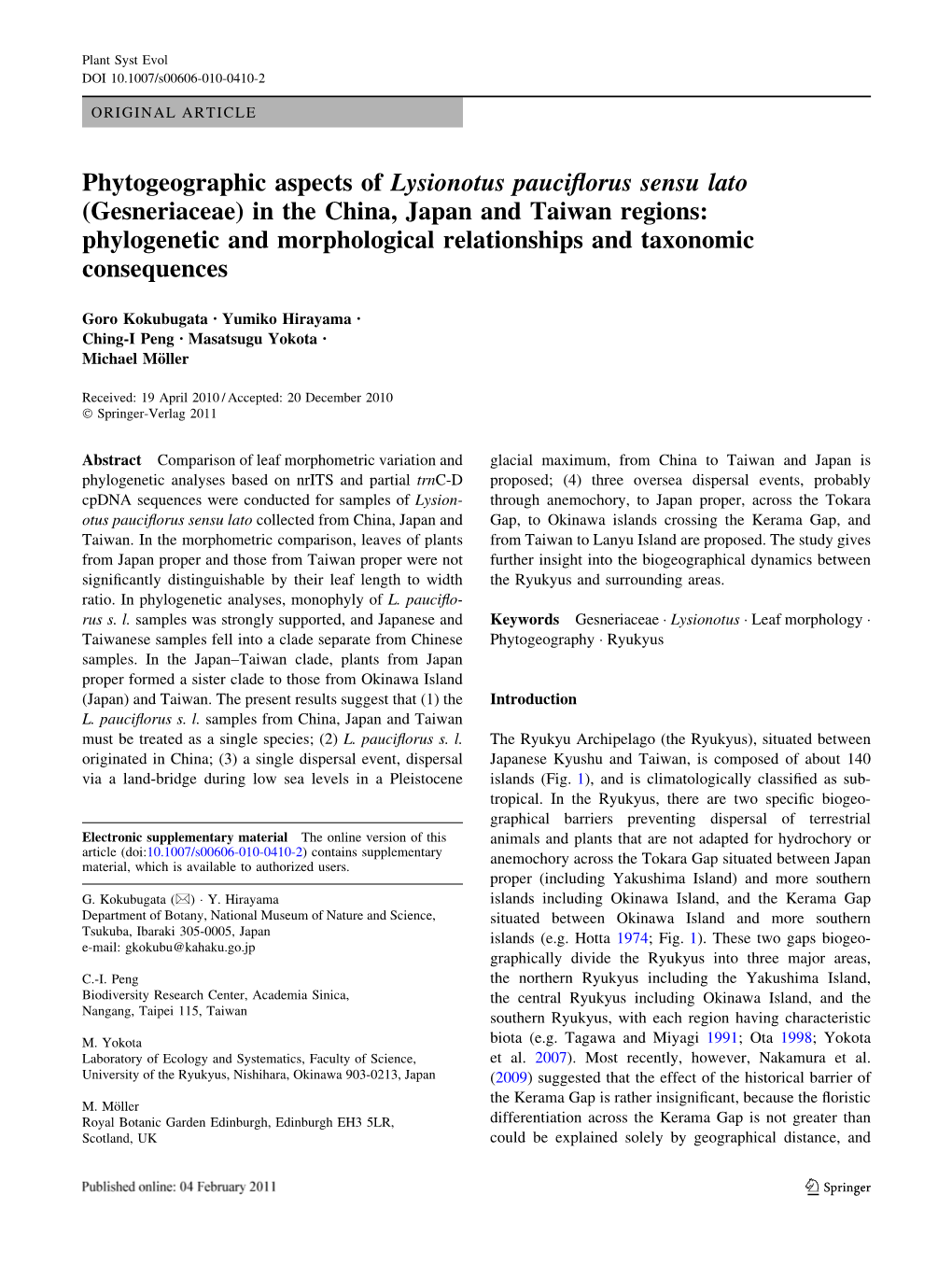 Phytogeographic Aspects of Lysionotus Pauciflorus Sensu Lato (Gesneriaceae) in the China, Japan and Taiwan Regions: Phylogenetic