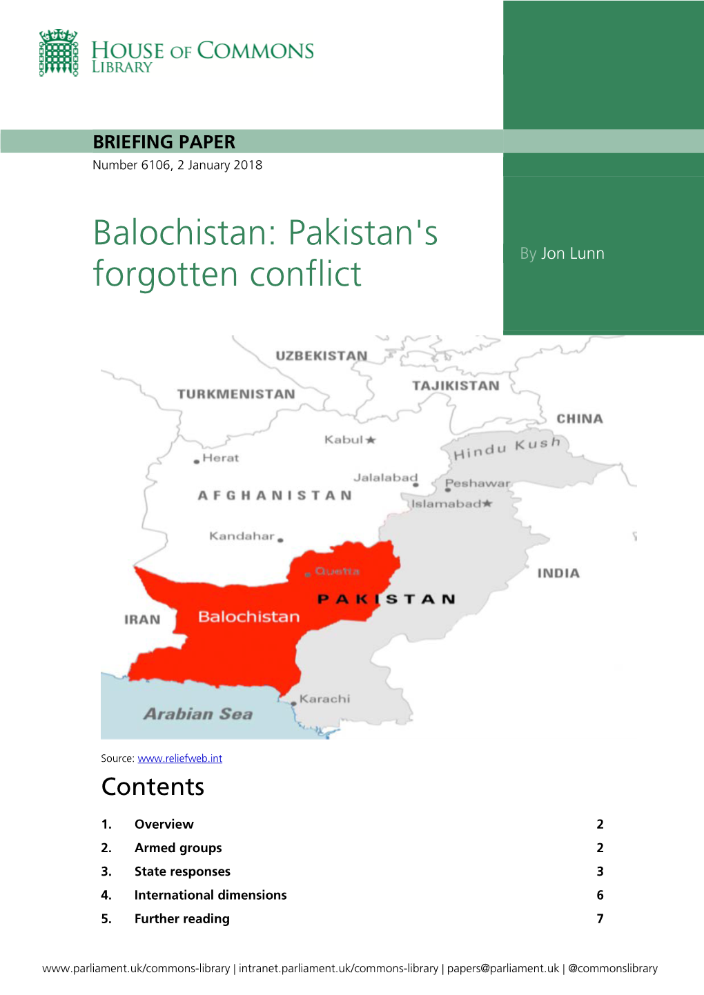 Balochistan: Pakistan's by Jon Lunn Forgotten Conflict