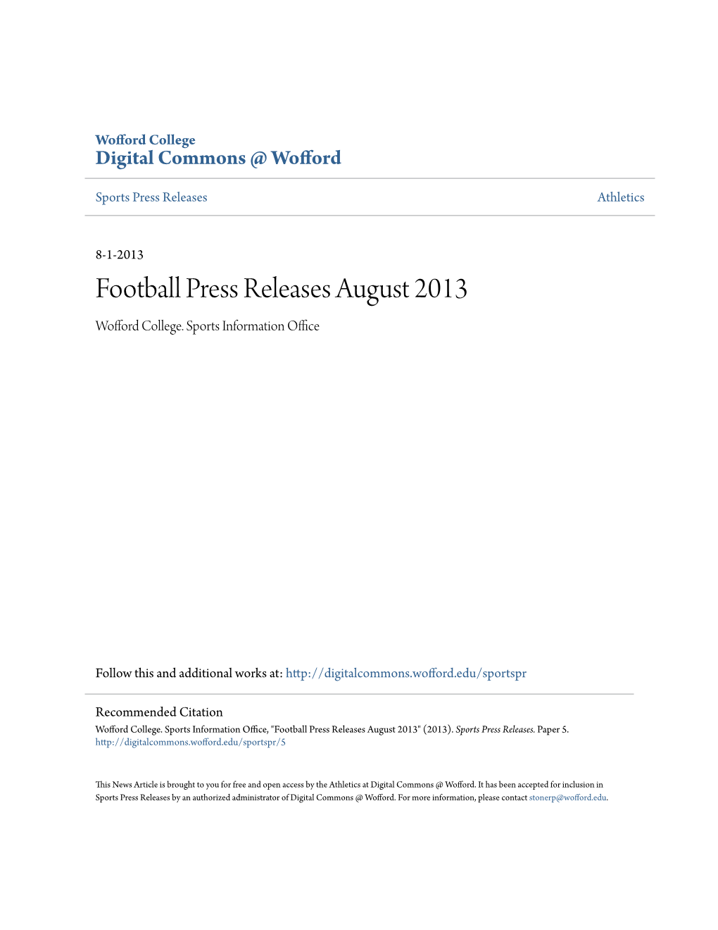 Football Press Releases August 2013 Wofford College