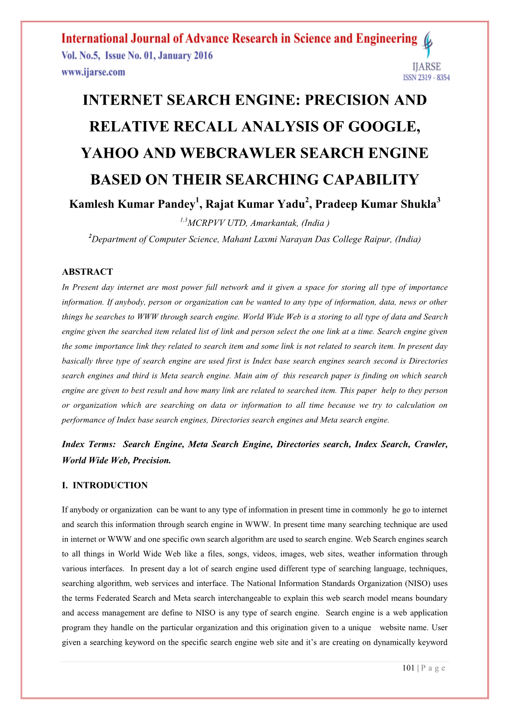 Precision and Relative Recall Analysis of Google, Yahoo