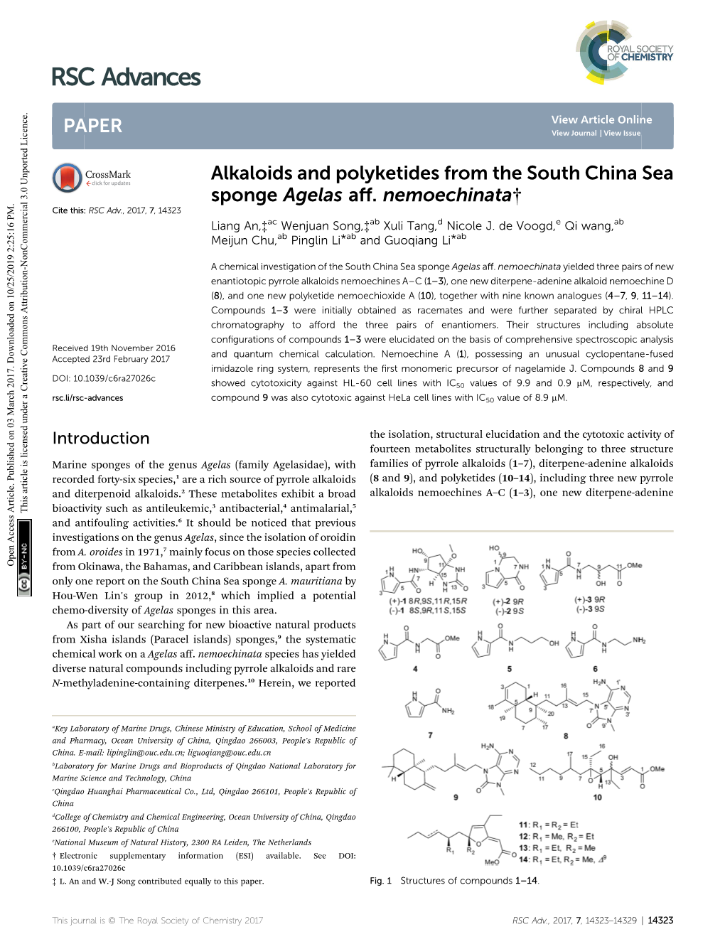 Alkaloids and Polyketides from the South China Sea Sponge Agelas Aff