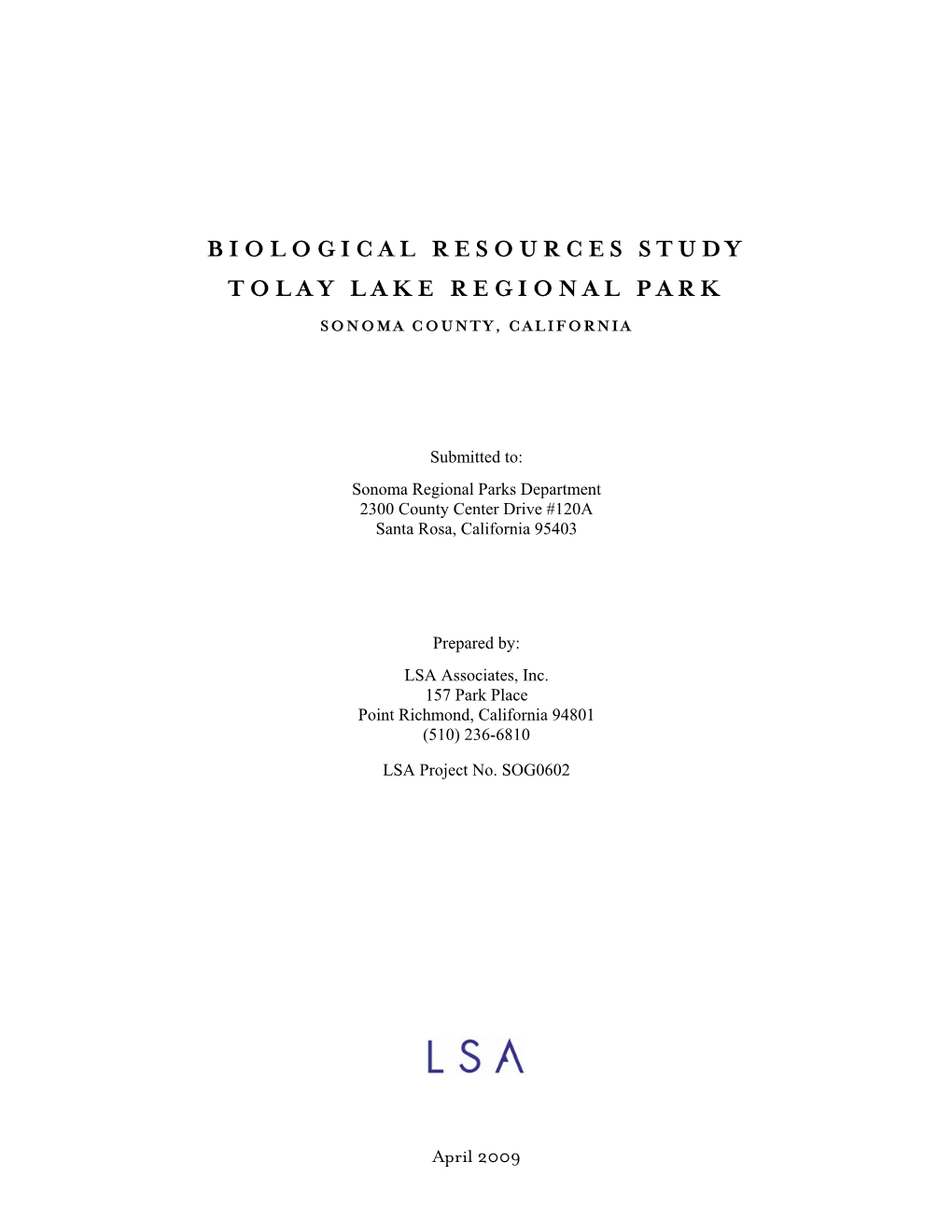 Biological Resources Study Tolay Lake Regional Park Sonoma County, California