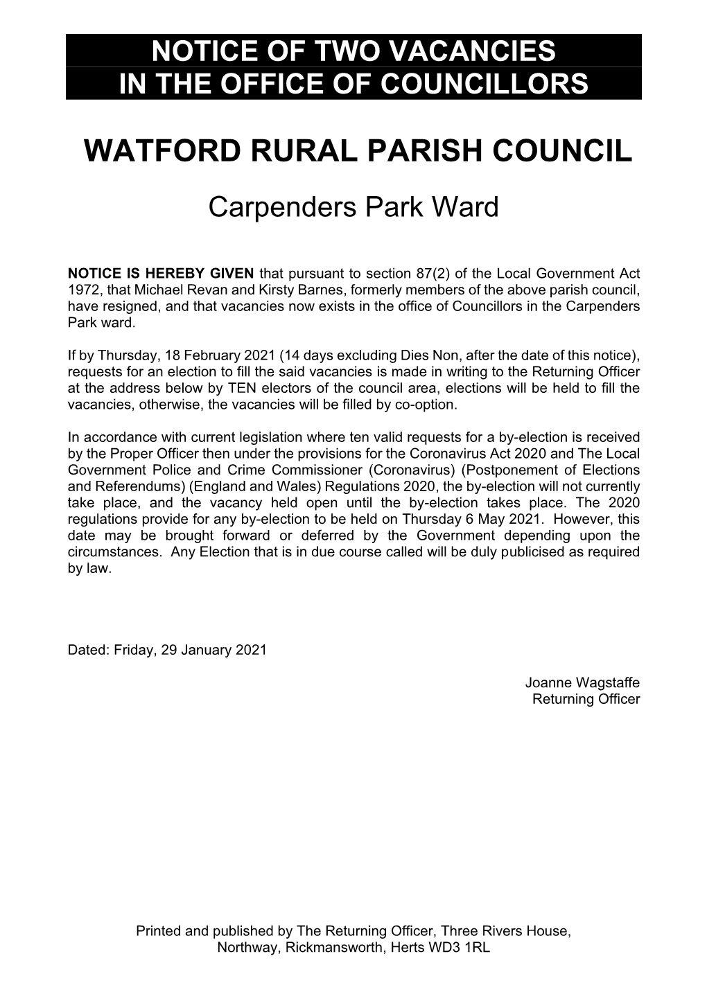 Watford Rural Parish Council Vacancy Jan 2020 Carpenders Park