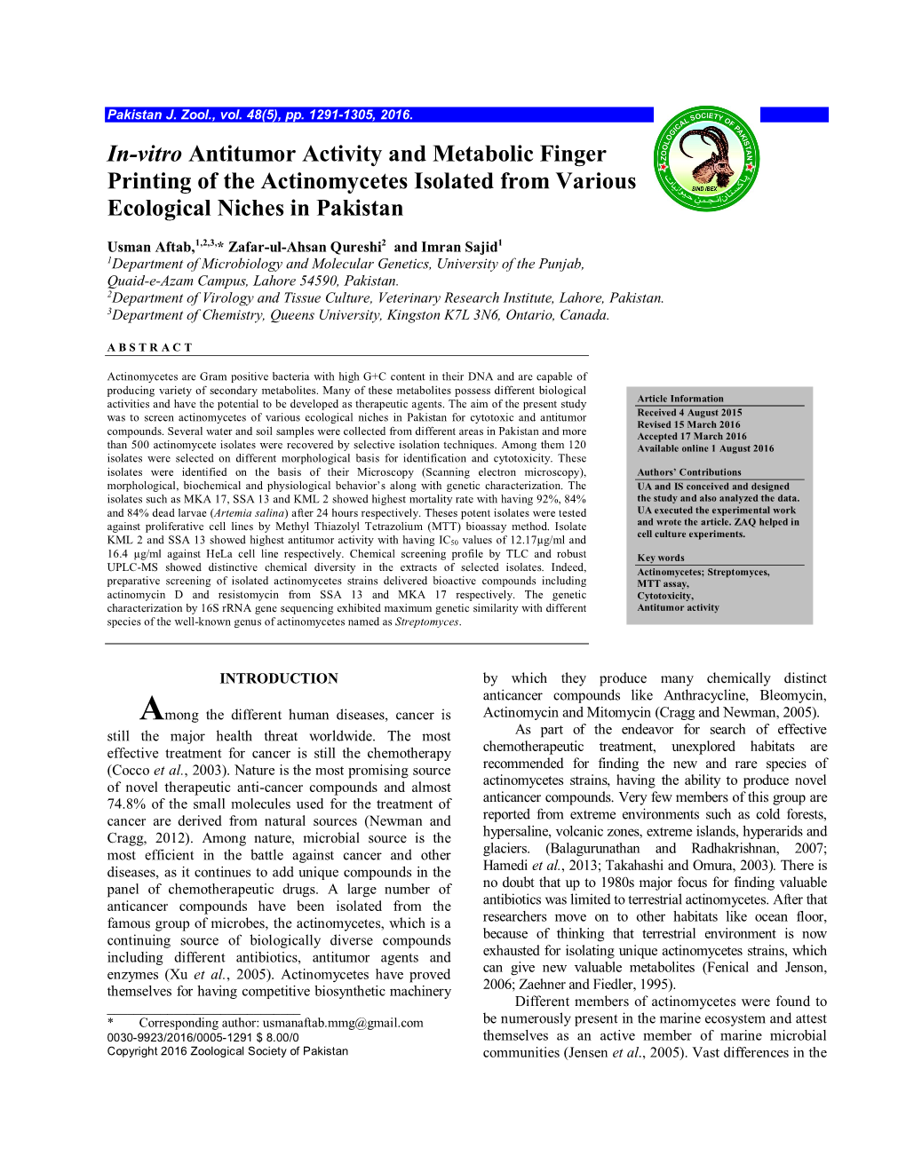 In-Vitro Antitumor Activity and Metabolic Finger Printing of the Actinomycetes Isolated from Various Ecological Niches in Pakistan