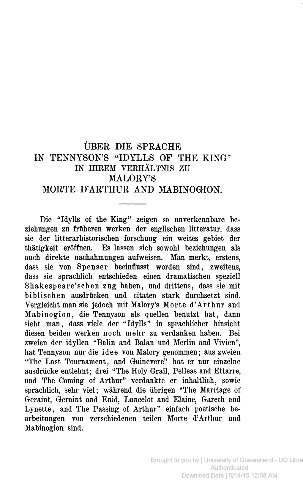 Über Die Sprache in Tennyson's "Idylls of the King" in Ihrem Verhältnis Zu Malory's Horte D'arthur and Mabinogion