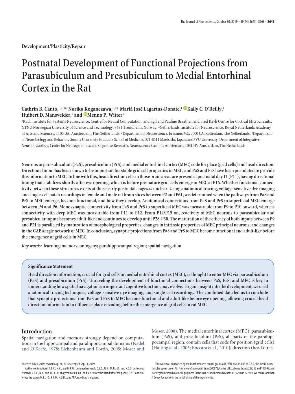 Postnatal Development of Functional Projections from Parasubiculum and Presubiculum to Medial Entorhinal Cortex in the Rat